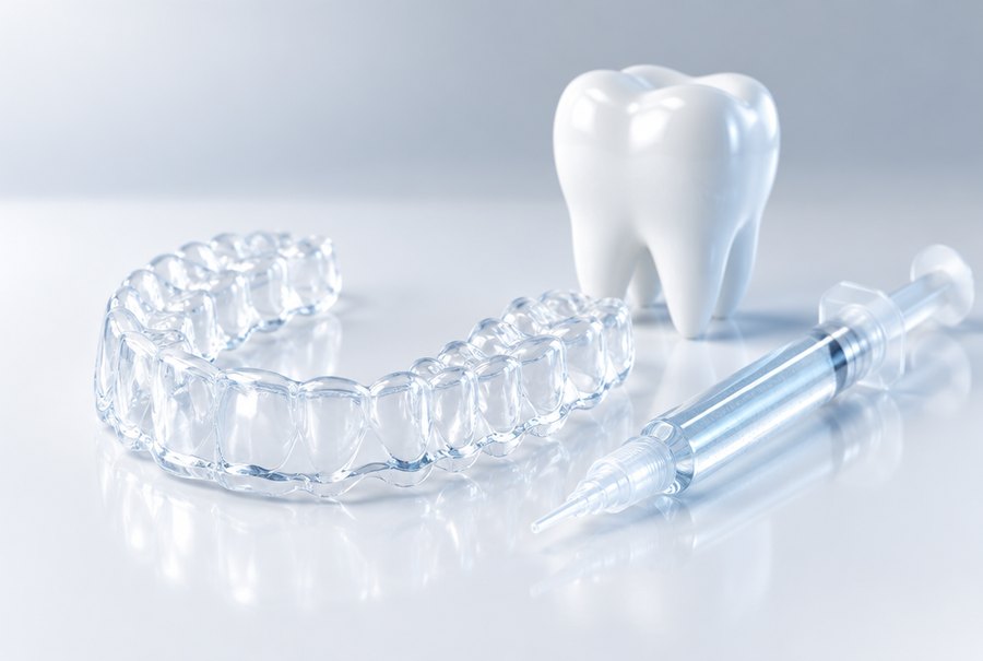 Clear whitening tray, gel syringe and a ceramic tooth