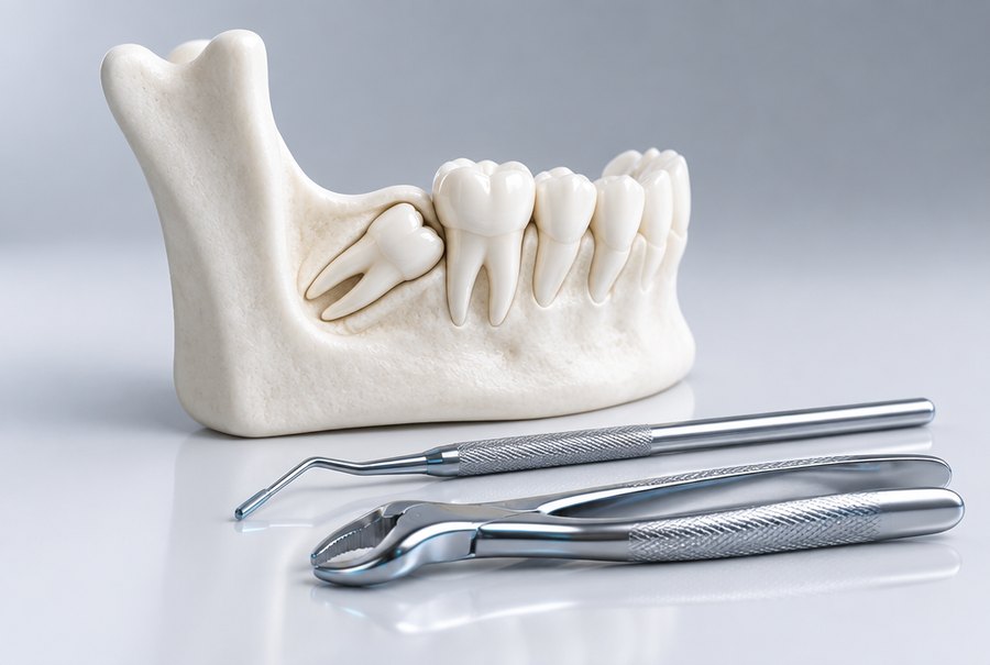 Jaw model with an impacted wisdom tooth and surgical instruments