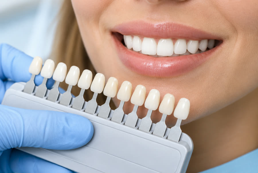 Tooth shade being matched against a shade guide